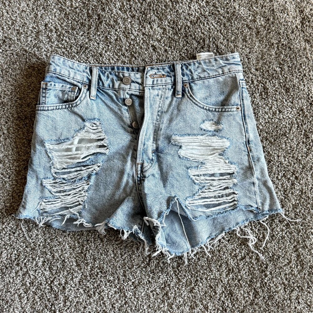 Light Denim Ripped Jean Shorts Womens US 4 High Waist Short Vintage with Buttons